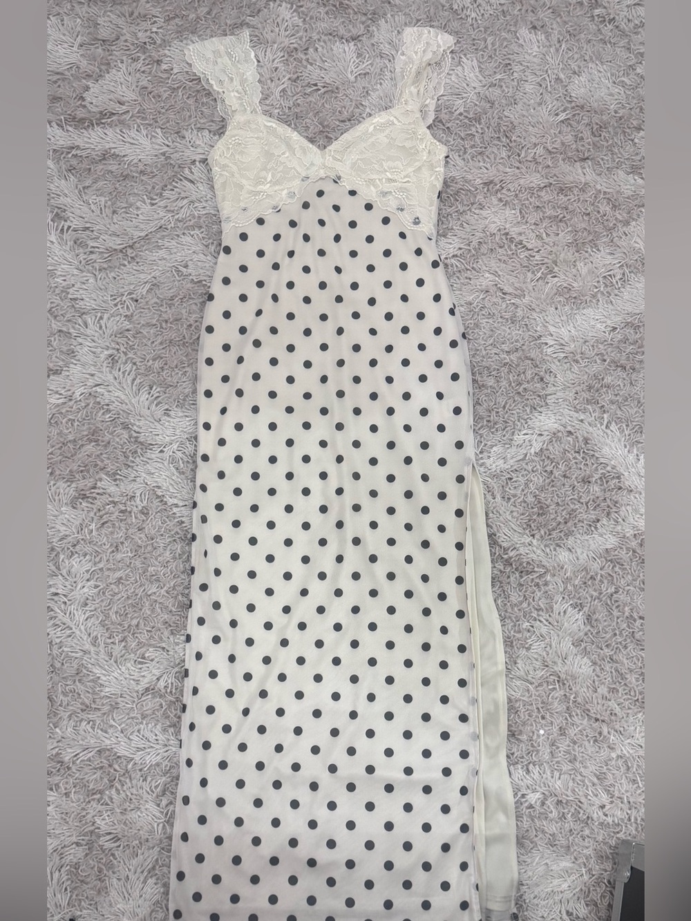 Blue Blush Ivory Maxi Dress with Black Polka Dots
